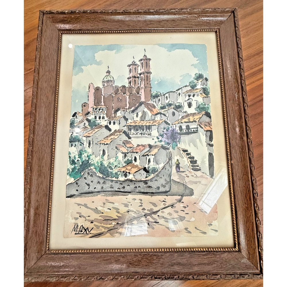 Vintage Original Watercolor Max Vidal Townscape with Santa Prisca Church, Taxco